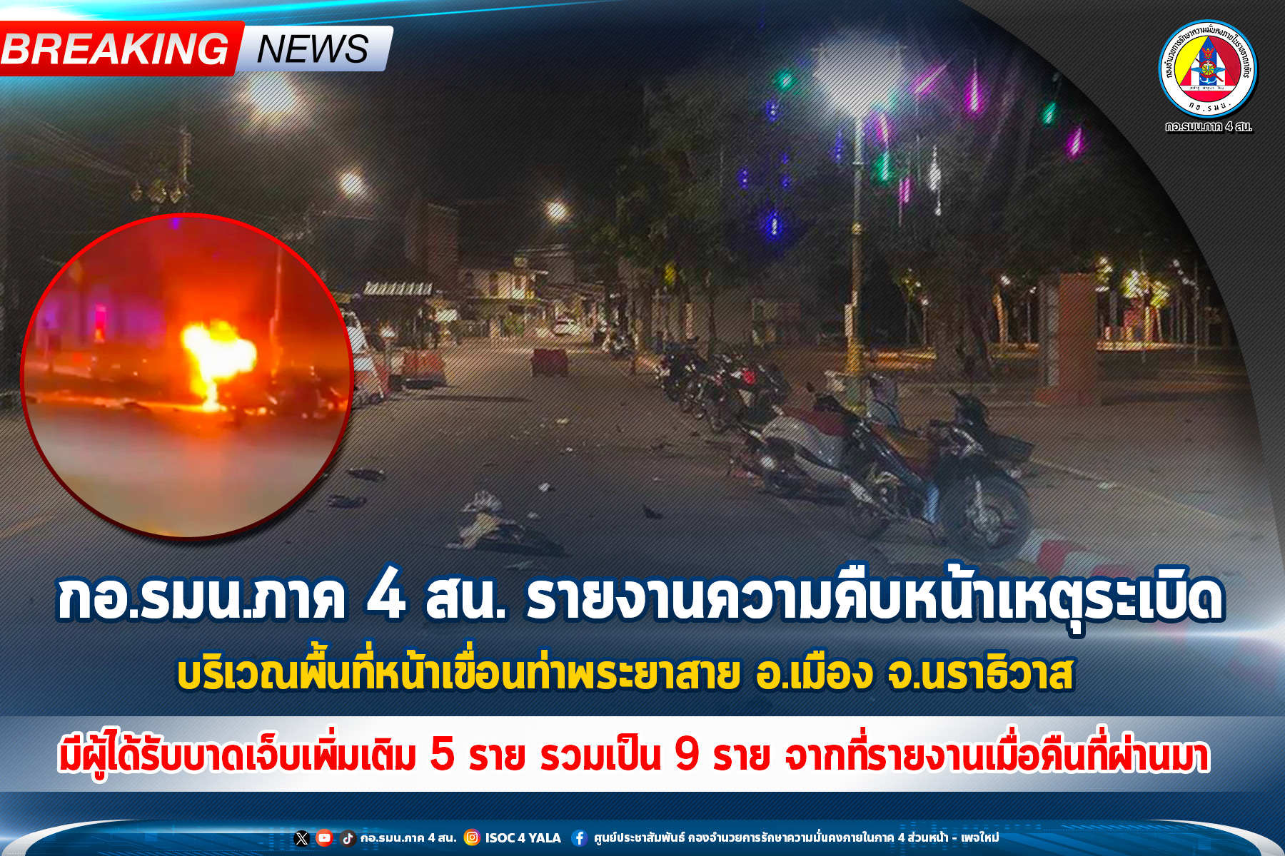 กอ.รมน.ภาค 4 สน. รายงานความคืบหน้าเหตุระเบิด บริเวณพื้นที่หน้าเขื่อนท่าพระยาสาย อ.เมือง จ.นราธิวาส กอ.รมน.ภาค 4 สน. รายงานความคืบหน้าเหตุระเบิด บริเวณพื้นที่หน้าเขื่อนท่าพระยาสาย อ.เมือง จ.นราธิวาส