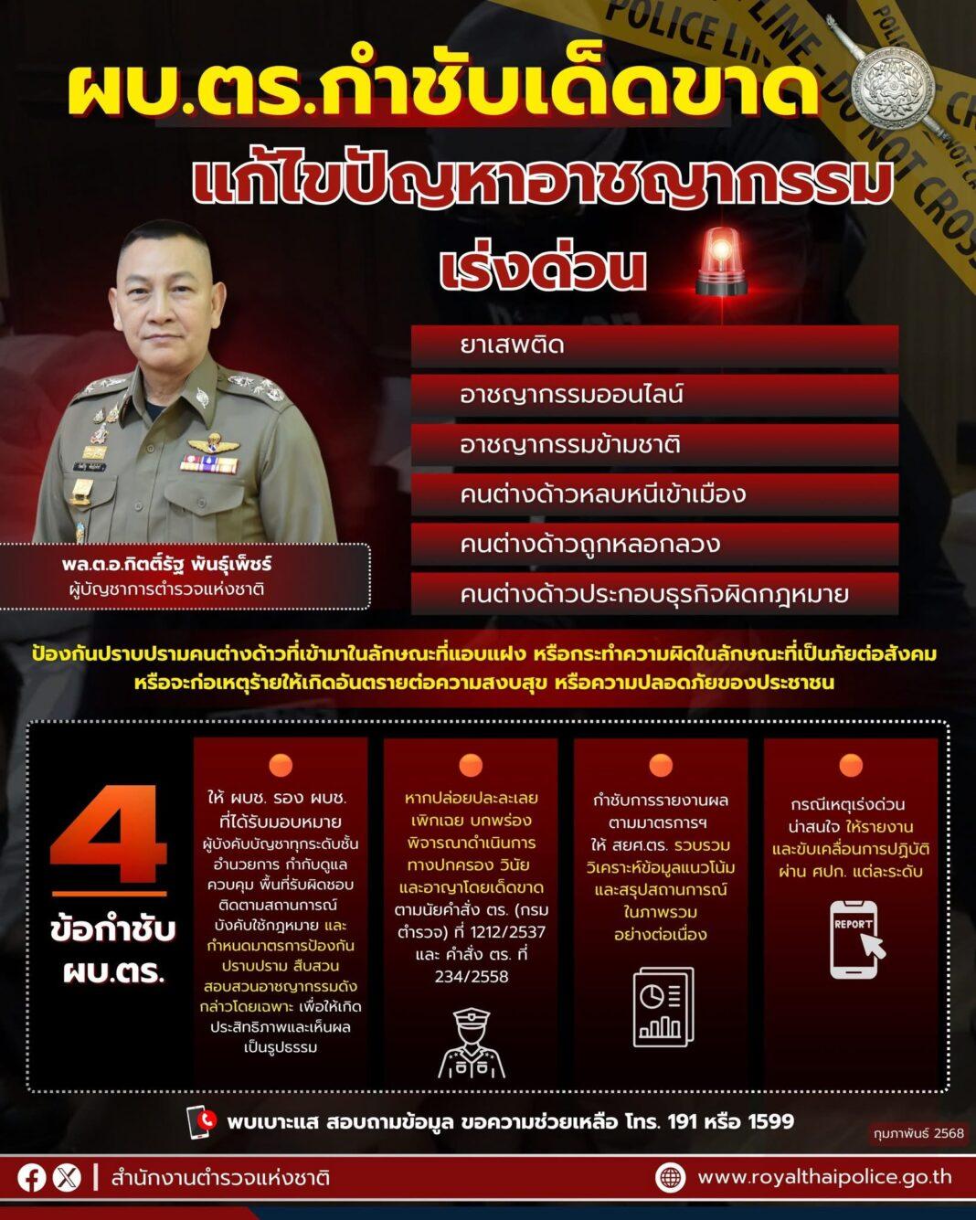 สนง.ตร..- ผบ.ตร. กำชับ ตามที่ รัฐบาล และ ตร. มีนโยบายเร่งด่วนในการแก้ไขปัญหายาเสพติด ปัญหาอาชญากรรมออนไลน์ อาชญากรรมข้ามชาติ คนต่างด้าวหลบหนีเข้าเมืองโดยผิดกฎหมาย และคนต่างด้าวถูกหลอกลวงหรือประกอบธุรกิจผิดกฎหมาย สนง.ตร..- ผบ.ตร. กำชับ ตามที่ รัฐบาล และ ตร. มีนโยบายเร่งด่วนในการแก้ไขปัญหายาเสพติด ปัญหาอาชญากรรมออนไลน์ อาชญากรรมข้ามชาติ คนต่างด้าวหลบหนีเข้าเมืองโดยผิดกฎหมาย และคนต่างด้าวถูกหลอกลวงหรือประกอบธุรกิจผิดกฎหมาย