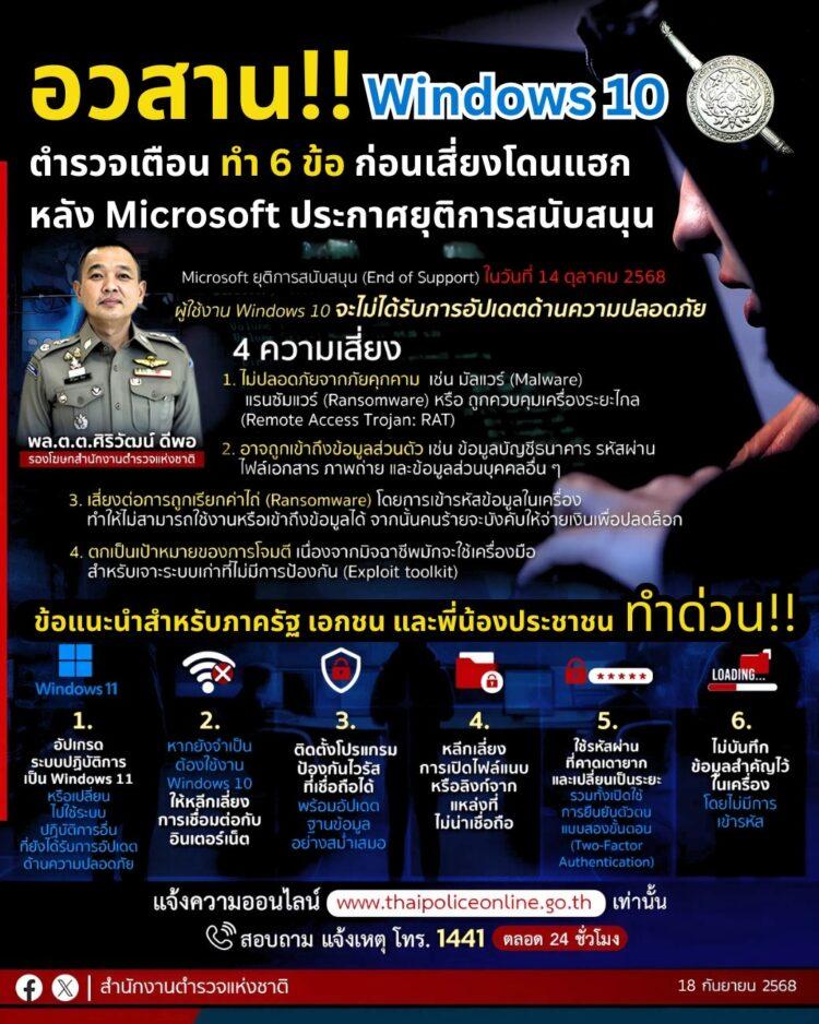 สำนักงานตำรวจแห่งชาติ เตือน อวสาน Windows 10 เหลือเดือนสุดท้าย เสี่ยงโดนแฮก หลัง Microsoft ยุติการสนับสนุน 14 ตุลาคม 2568 นี้ สำนักงานตำรวจแห่งชาติ เตือน อวสาน Windows 10 เหลือเดือนสุดท้าย เสี่ยงโดนแฮก หลัง Microsoft ยุติการสนับสนุน 14 ตุลาคม 2568 นี้